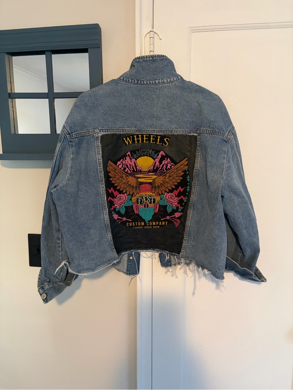 Upcycled Old Navy Blue Denim Jacket with Colorful Graphic on Back
